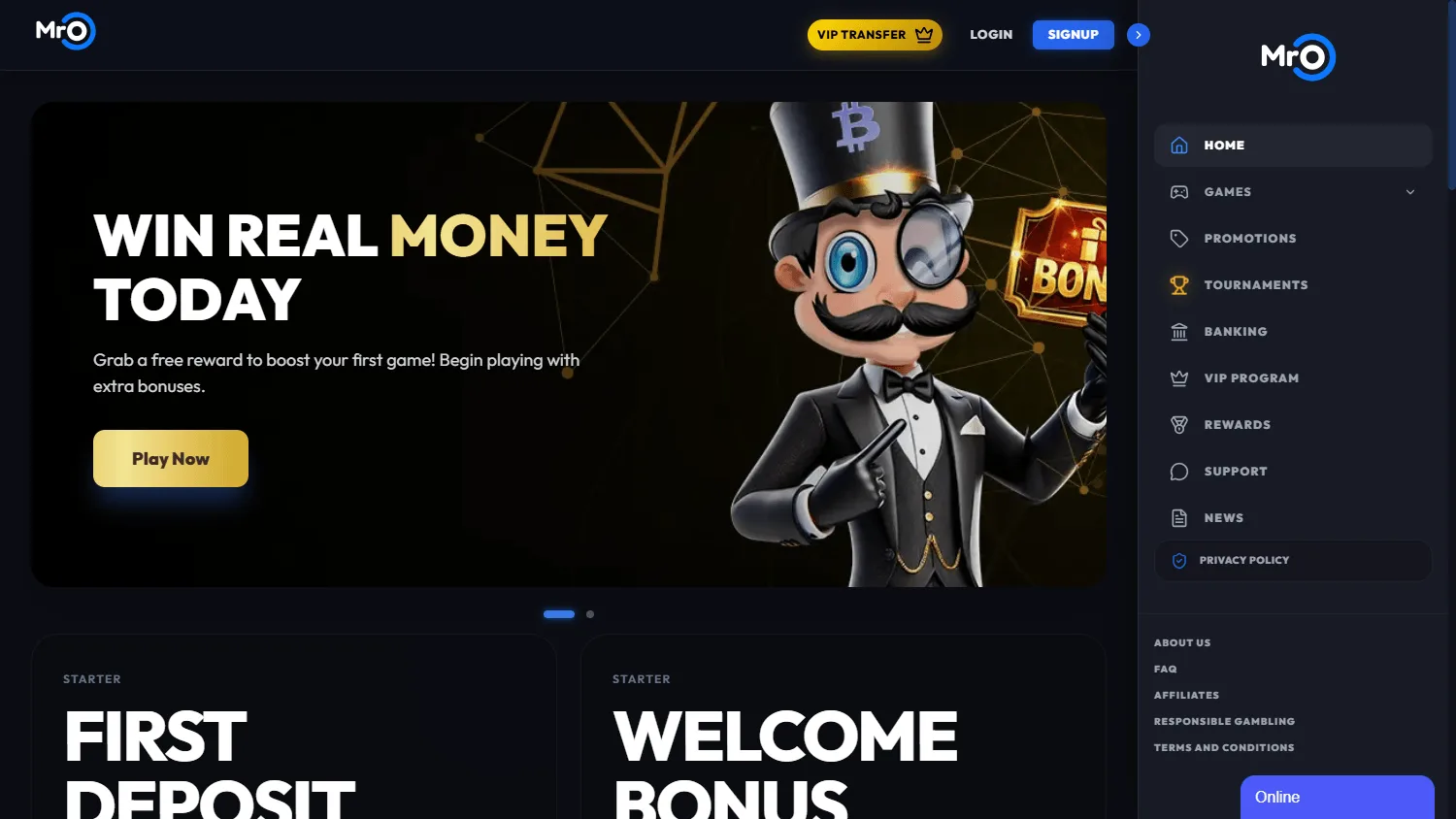 Mr. O Casino home screen on a desktop computer