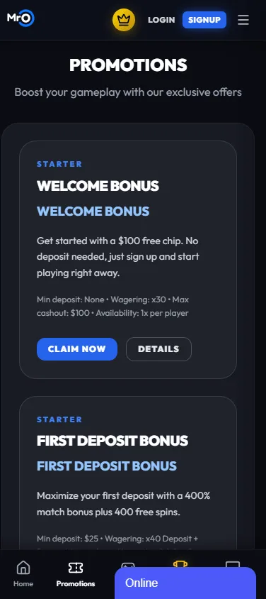 Mr. O Casino promotions area on a mobile device