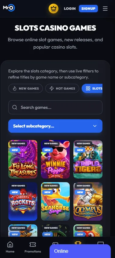 Mr. O Casino game lobby on a mobile device