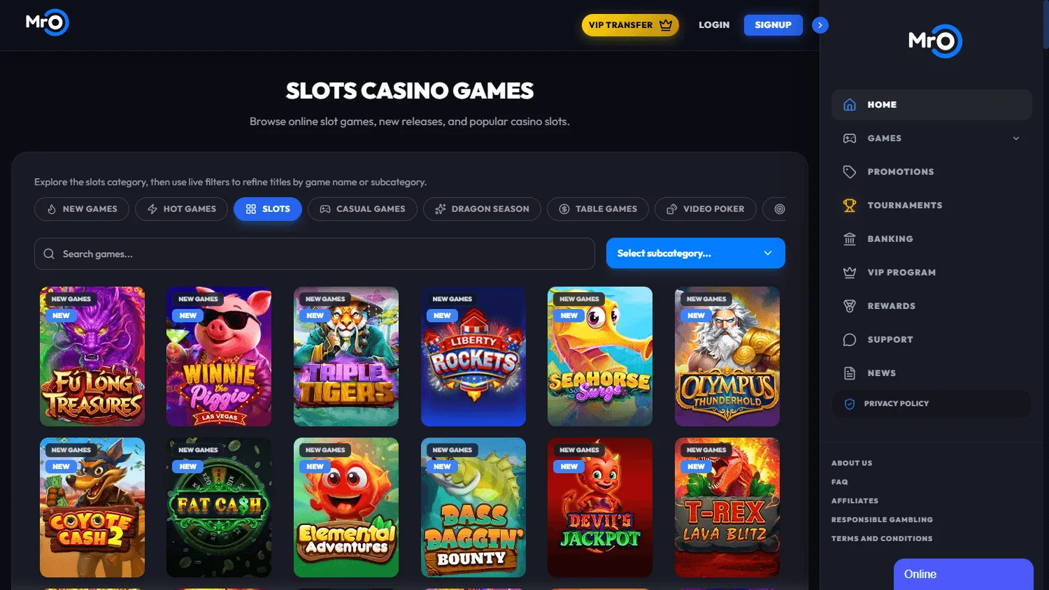 Mr. O Casino game lobby on a desktop computer