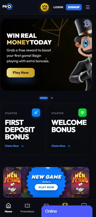 Mr. O Casino home screen on a mobile device